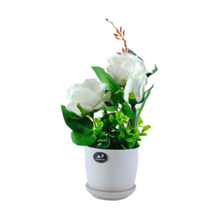 Floare artificiala trandafir in ghiveci din ceramica, 33 cm