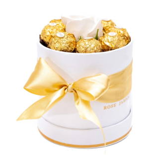 Aranjament floral din 1 trandafir cu Ferrero Rose in cutie cilindrica-1