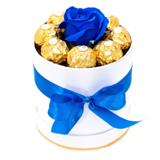 Aranjament floral din 1 trandafir cu Ferrero Rose in cutie cilindrica-1