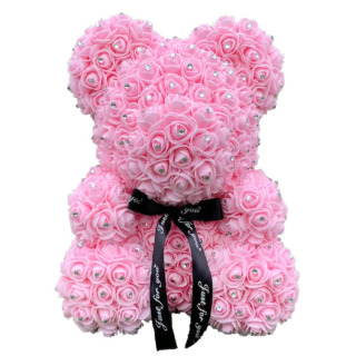 Ursulet din trandafiri de spuma, 40cm, handmade, in cutie transparenta