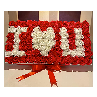 Aranjament floral cu trandafiri de sapun, I Love YOU, rosu, 33 fire-1