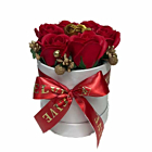 Aranjament Floral cu Sapte Trandafiri din Sapun si Stamine Gold, in Cutie Rotunda Alba