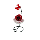 Trandafir Criogenat rosu, pe pat de pietricele, in bol de sticla cu fluture pe picior metalic