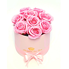 Aranjament floral 9 Trandafiri roz parfumati, din spuma de sapun, in cutie rotunda