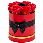 Aranjament floral cu 7 trandafiri parfumati de sapun rosii si negrii in cutie rotunda