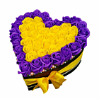 Inimioara Flori din Sapun, Decorata cu Perle Contesinabox, 51 Trandafiri Galben/Mov