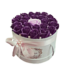 Aranjament floral, Danimar, in cutie rotunda, din flori de sapun cu perle, mov