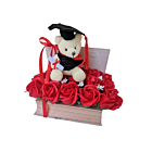 Aranjament floral cu ursulet absolvent, carte cu trandafiri din sapun, cadou festivitate absolvire