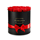 Aranjament floral cu 23 trandafiri de sapun rosii in cutie rotunda