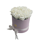 Aranjament floral 9 Trandafiri albi parfumati, din spuma de sapun, in cutie roz