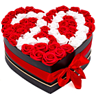 Aranjament floral inima  cu cifra 20 din 53 trandafiri rosii si albi