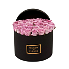 Aranjament floral cu 21 trandafiri parfumati de sapun roz in cutie rotunda